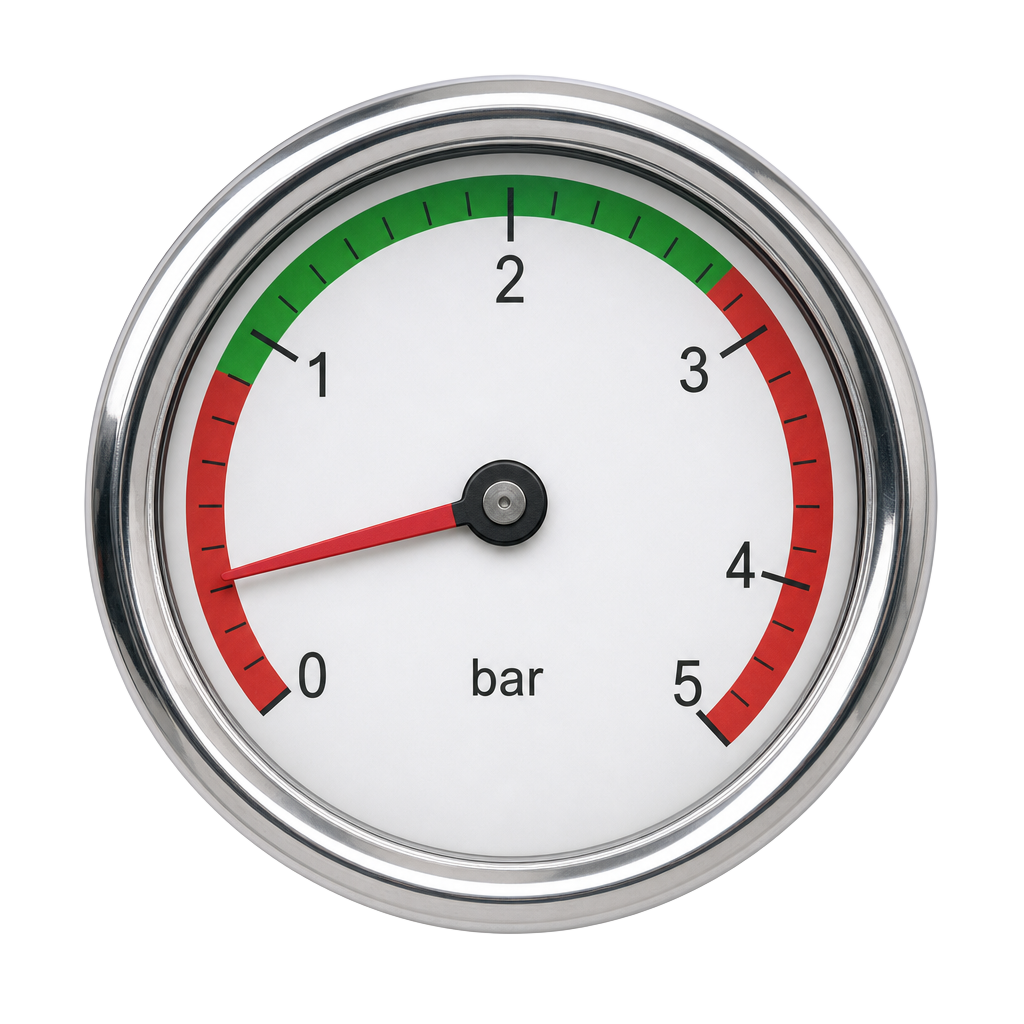 Boiler pressure gauge showing low pressure at 0.5 bar indicating a possible heating system leak